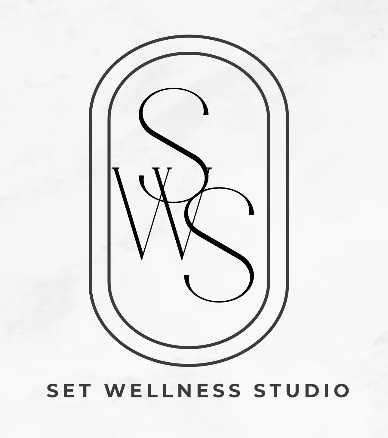 Elegant Set Wellness Studio logo featuring intertwined SWS monogram letters in a minimalist oval frame on marble background.