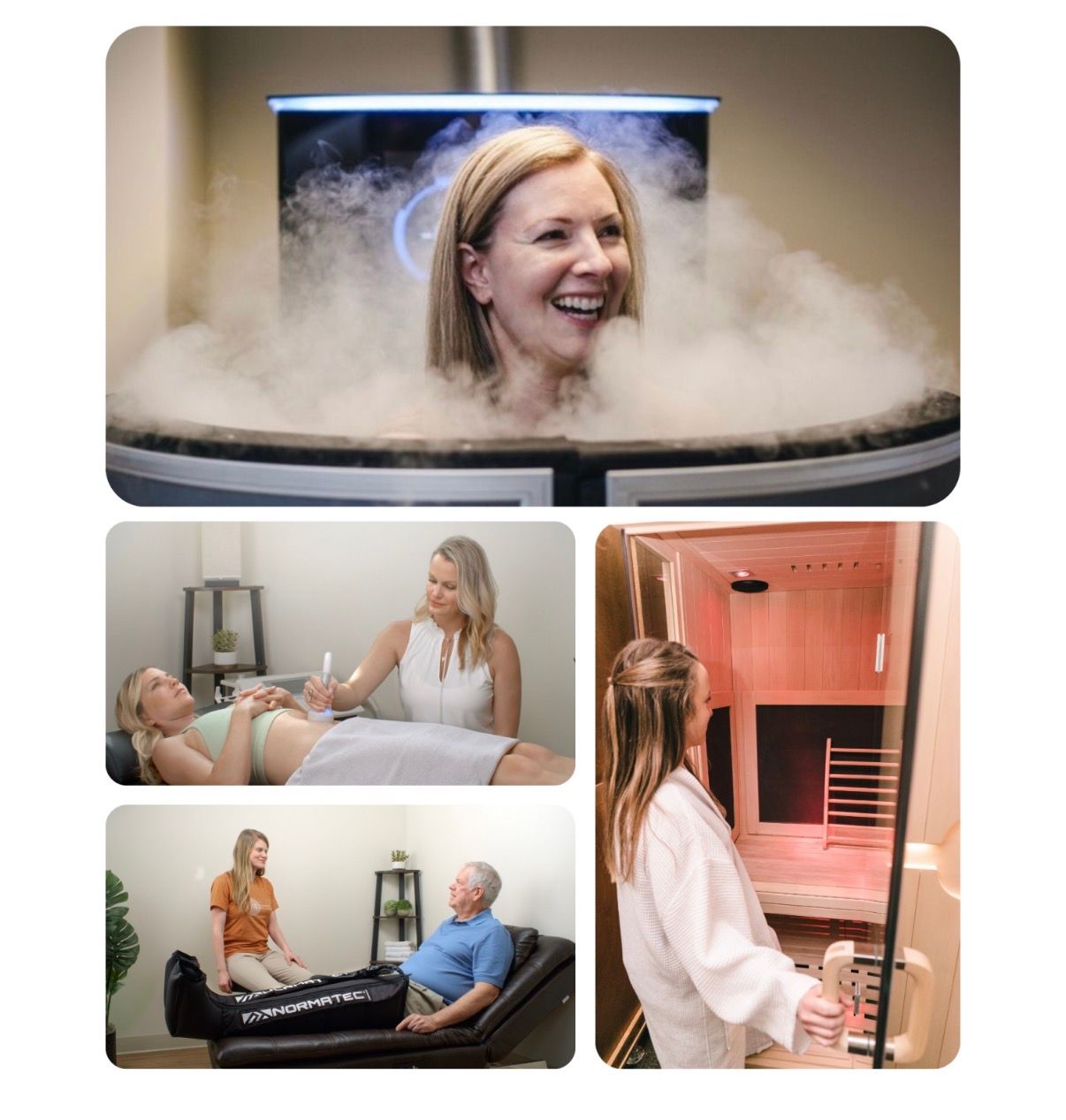 Woman smiling in cryotherapy chamber with steam, alongside wellness treatments including massage, compression therapy, and infrared sauna.