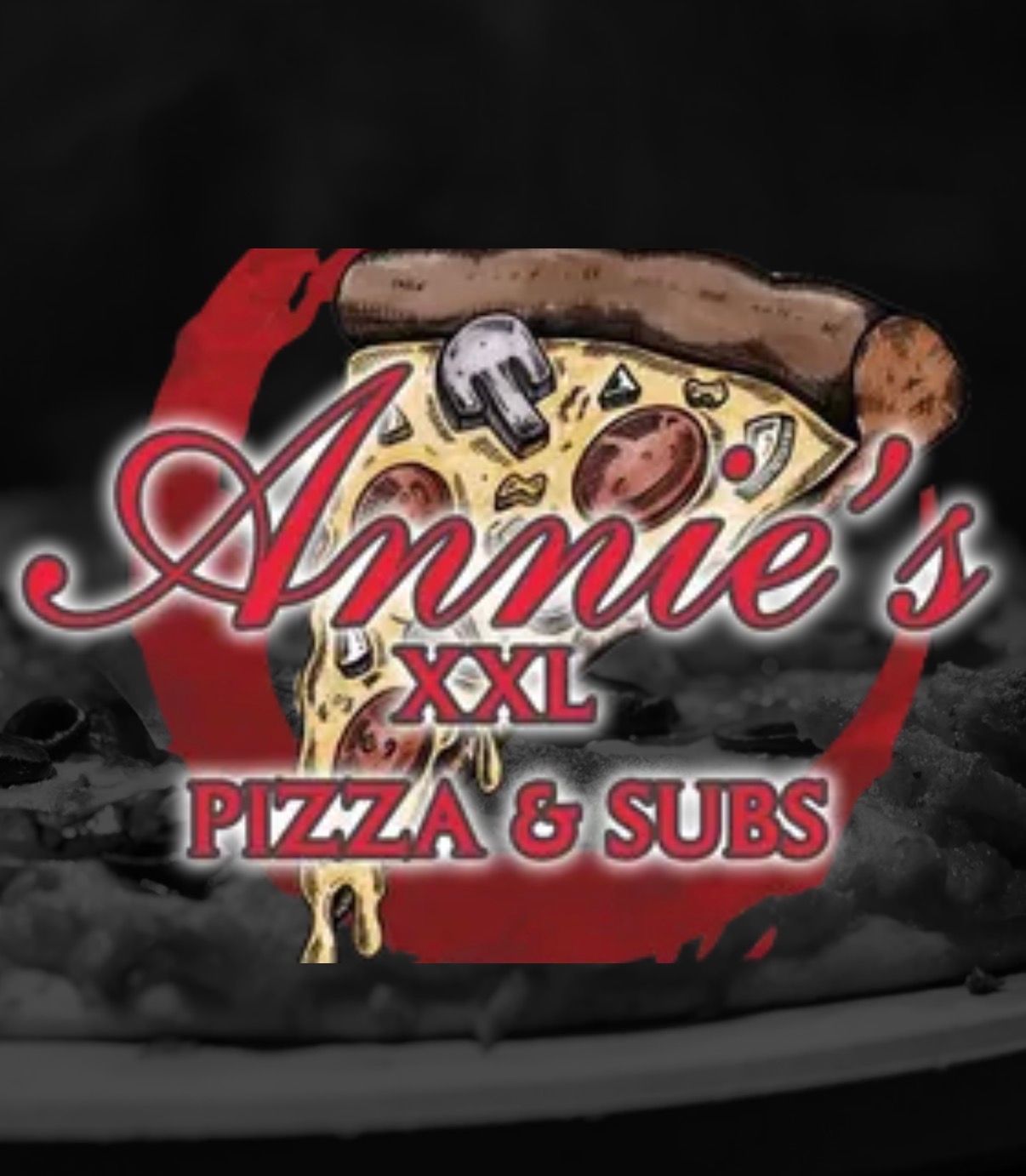 Annie's XXL Pizza & Subs logo featuring a cheesy pepperoni pizza slice on a dark background.