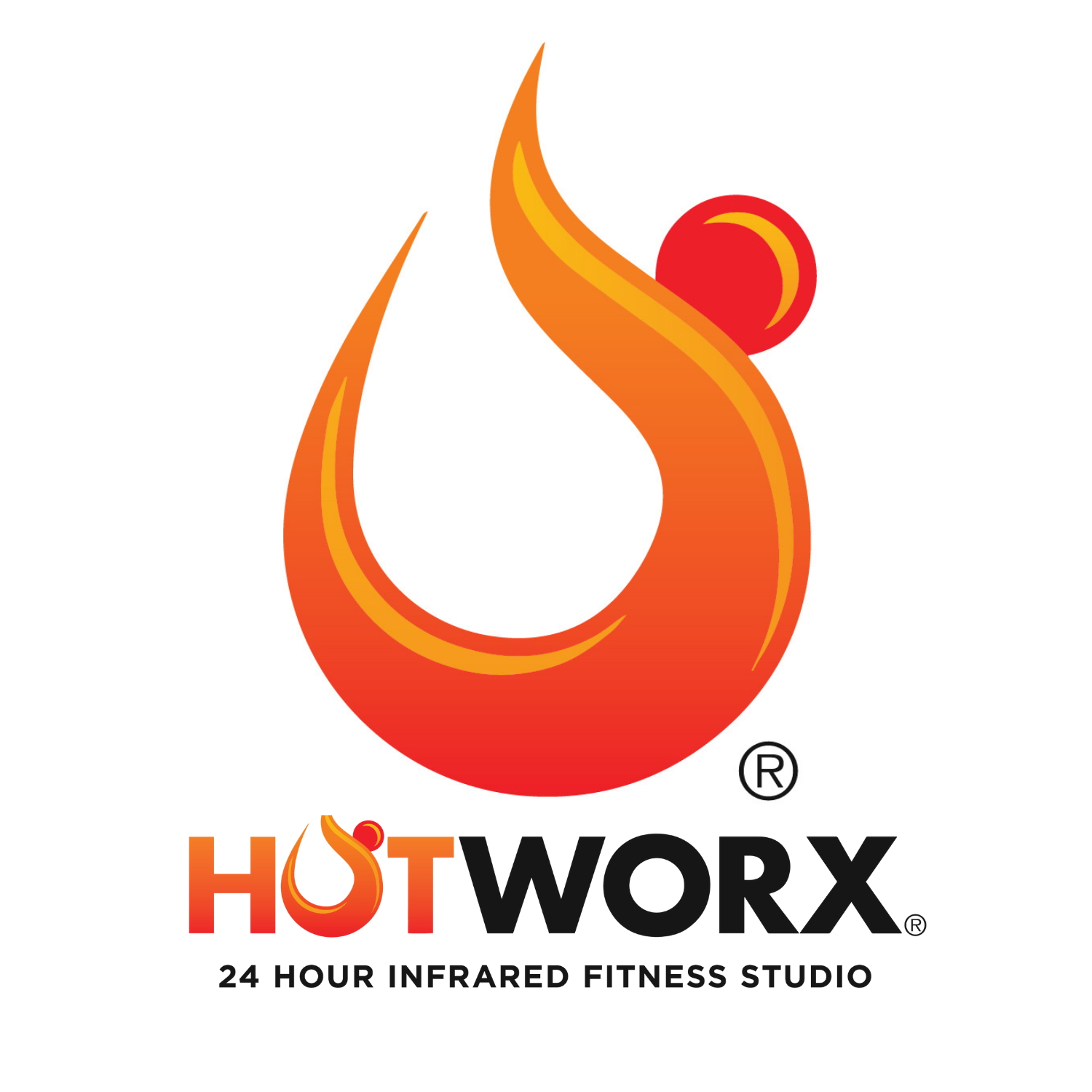HOTWORX 24 Hour Infrared Fitness Studio logo featuring a flame shape with a person icon in orange and red gradient.