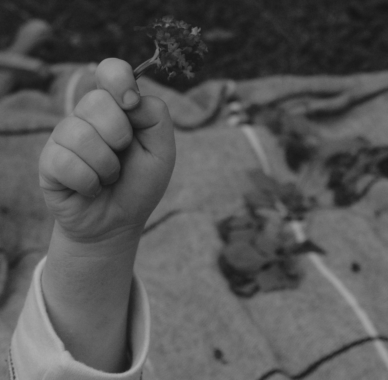 A close-up black and white image of a raised fist holding a smoking cigarette.