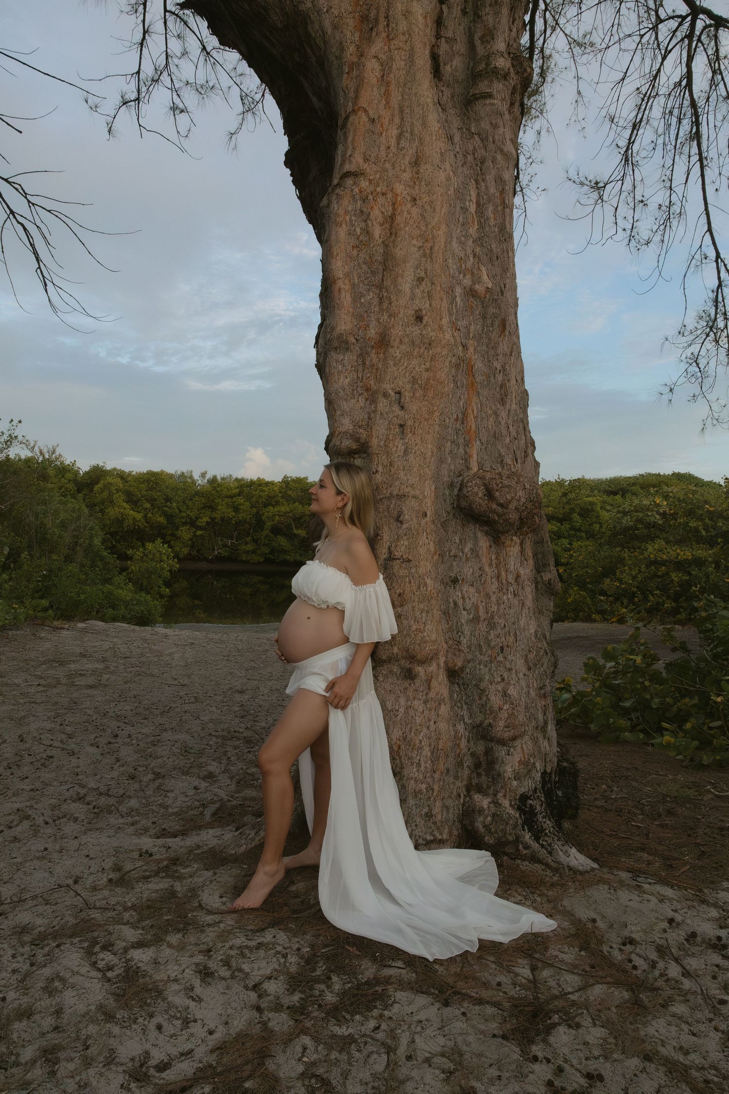 A maternity photoshoot at sunset features an ethereal white flowing dress against a large tree trunk in a natural setting.
