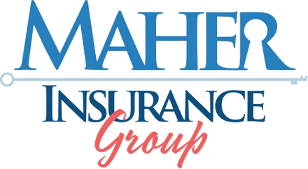 Maher Insurance Group logo featuring bold blue text and elegant red cursive script.