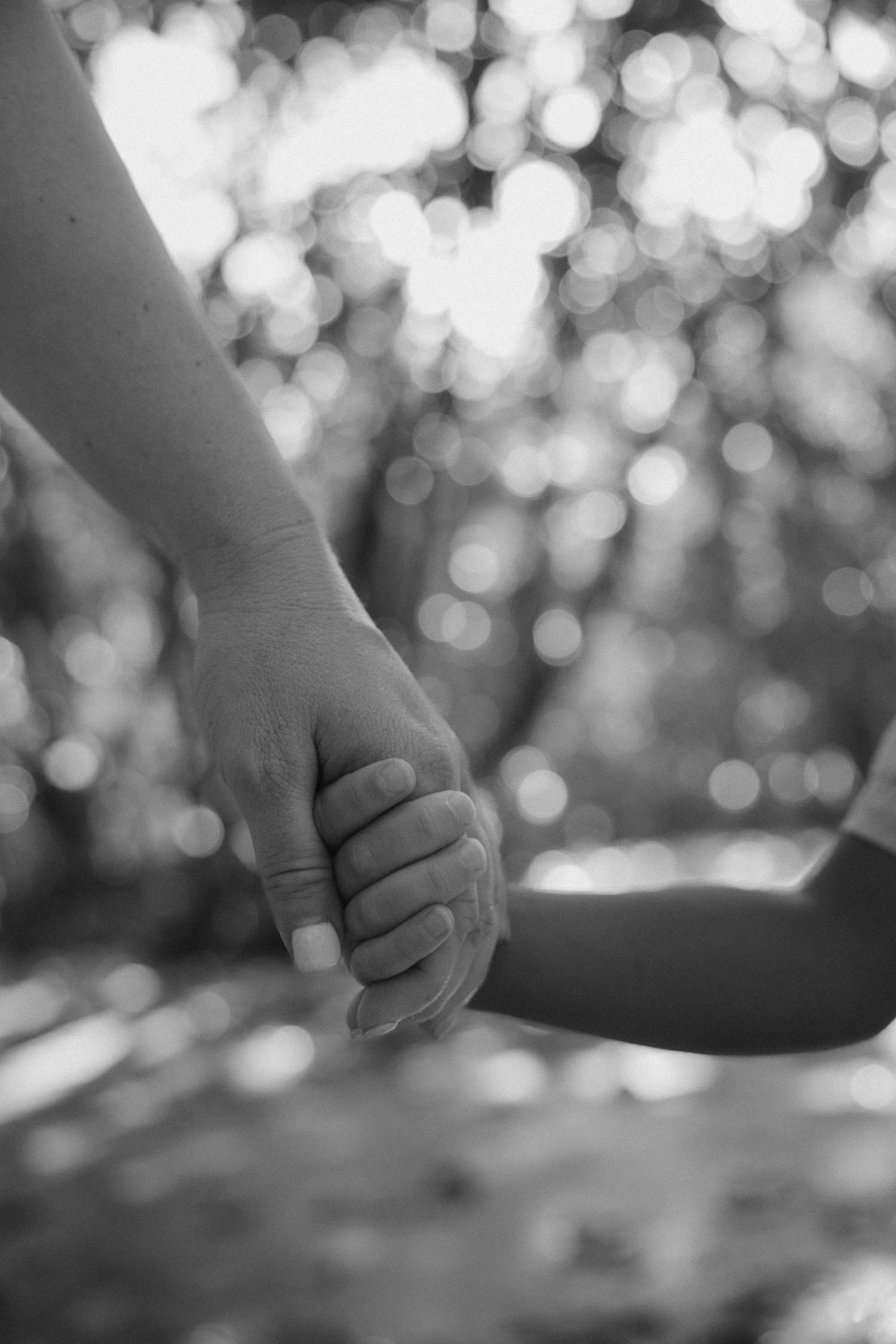 Two hands reaching out and touching fingers together in black and white with soft bokeh lights in the background.