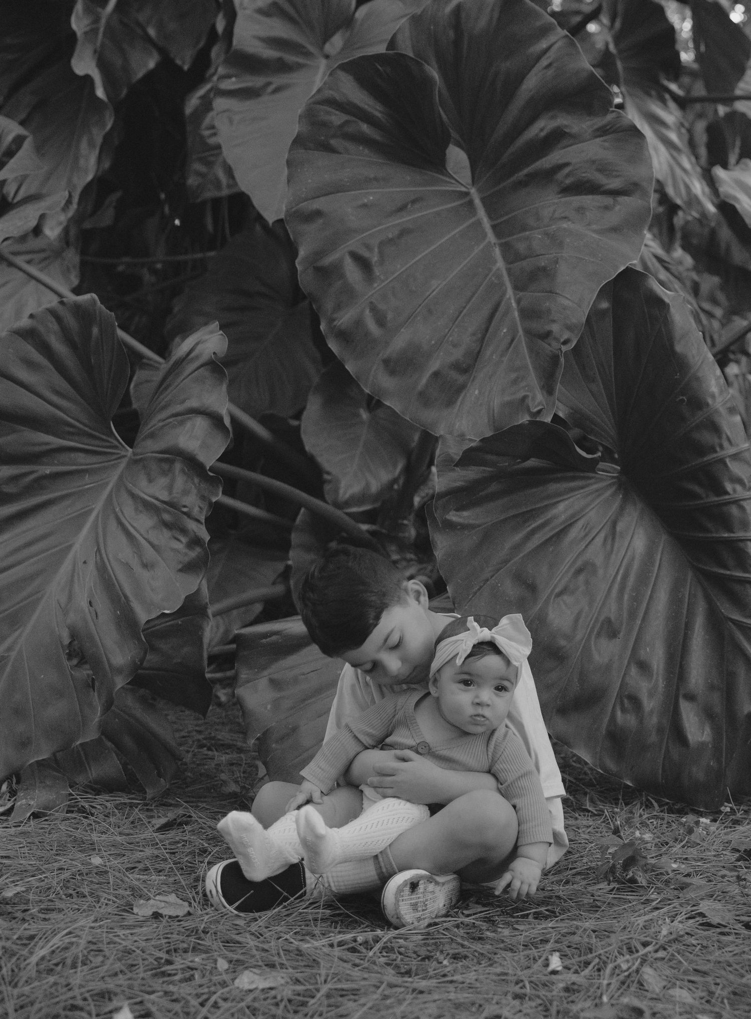 A black and white photograph shows a small child lying on the ground beside large tropical leaves.