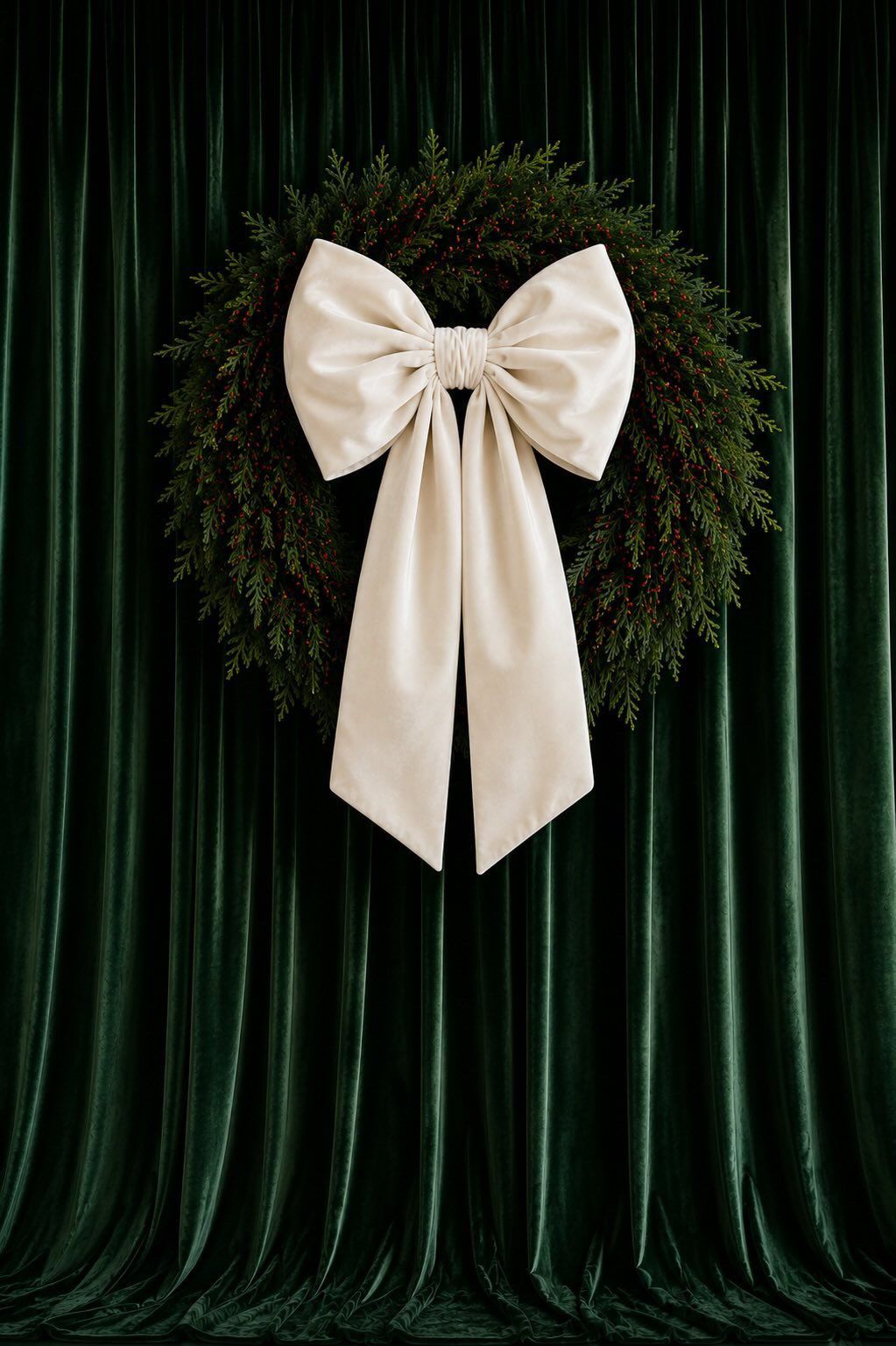 Green velvet curtain backdrop with a classic evergreen wreath adorned with an elegant large white satin bow. Christmas Minis