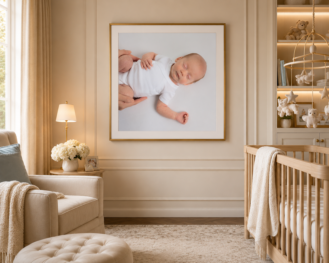 Elegant nursery room featuring a large framed baby photo, wooden crib, plush armchair, and soft neutral decor with warm lighting.