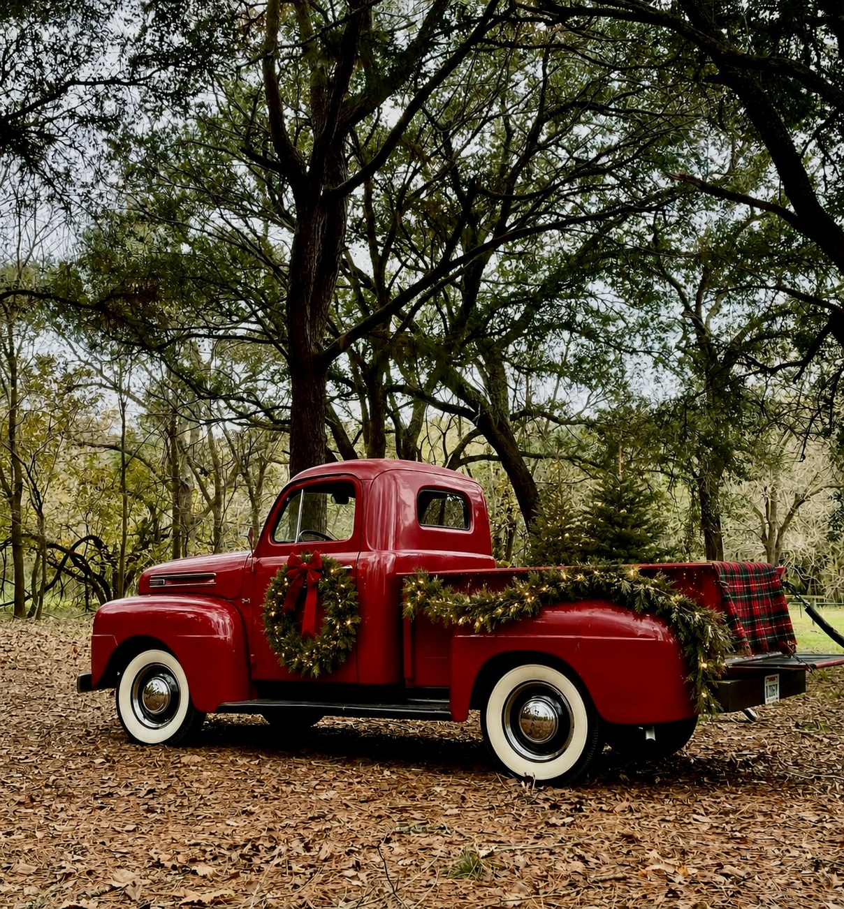 Vintage red Ford truck decorated with Christmas wreaths and plaid blanket parked under oak trees on a fall day.