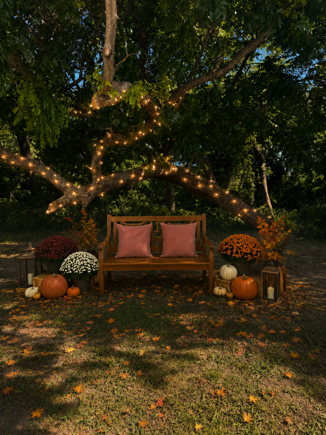 Cozy autumn bench with pink pillows under fairy light-wrapped tree, surrounded by pumpkins and mums on a fall evening. Fall Minis Session
