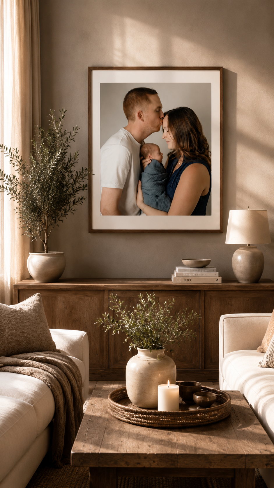 Warm living room with framed family photo above wooden sideboard, featuring neutral decor, olive tree, candles, and cozy seating.