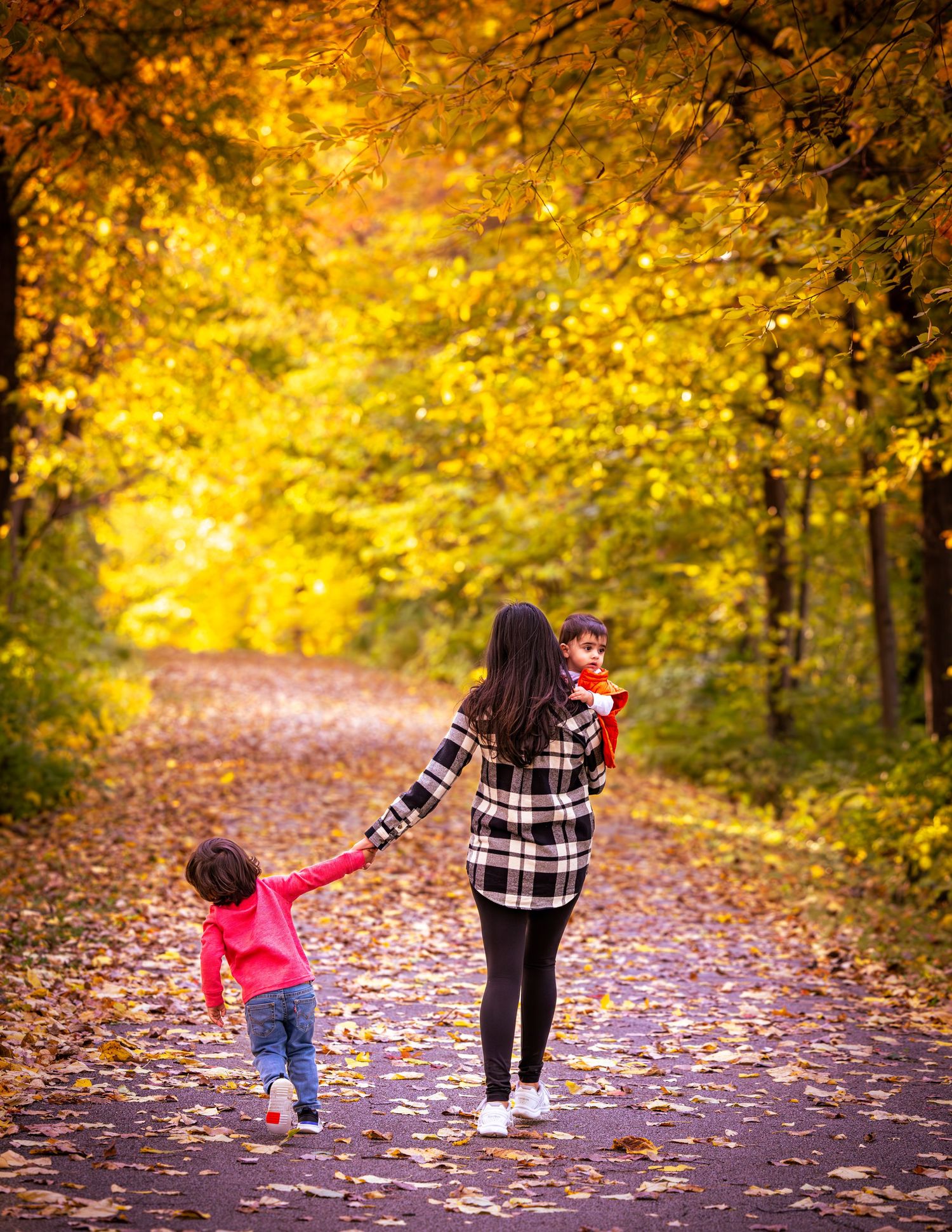 Children walk along a leaf-covered path surrounded by golden autumn trees.