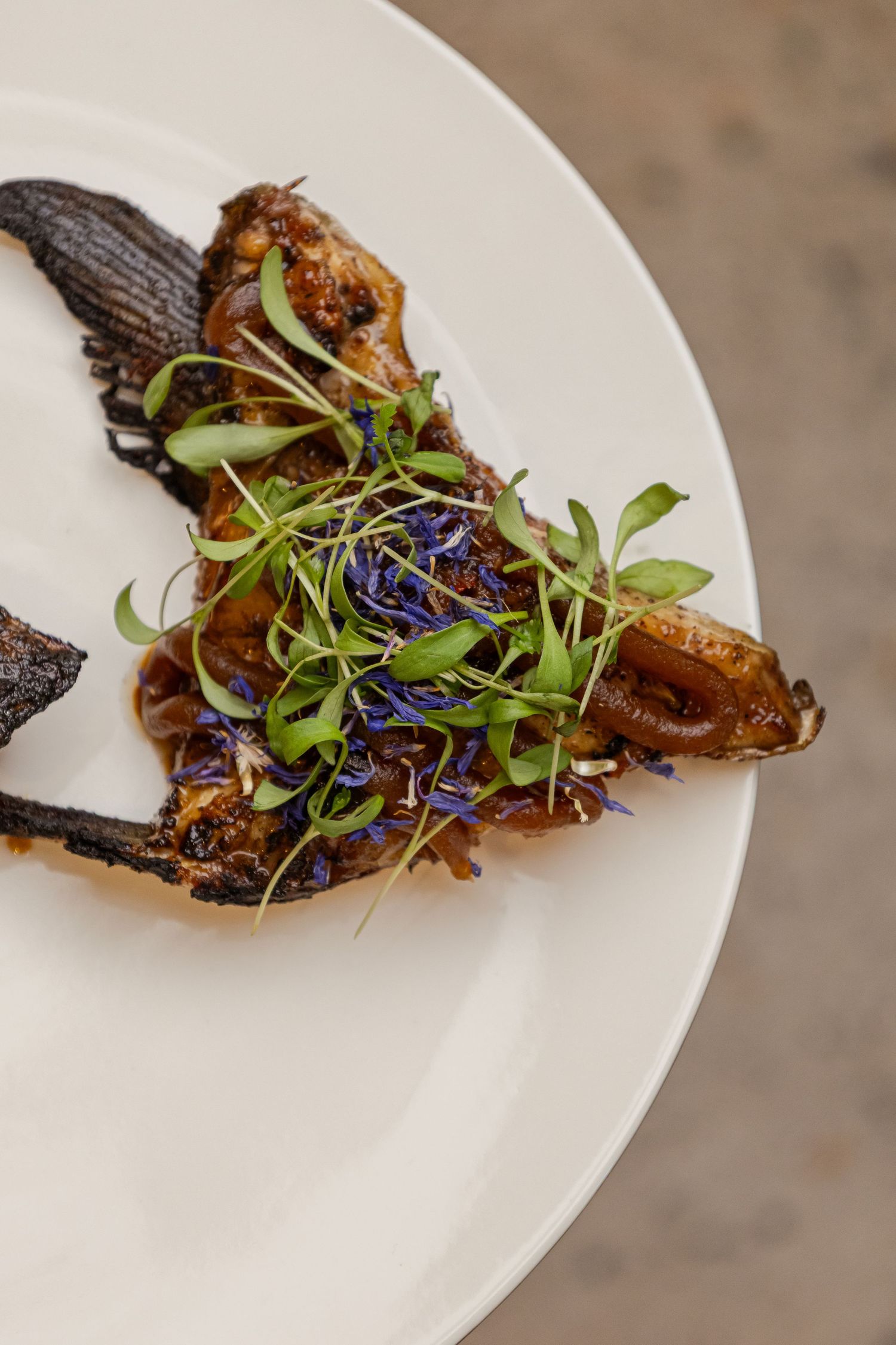 Elegant plated dish with glazed meat, black garnish, microgreens, and purple edible flowers on white plate.