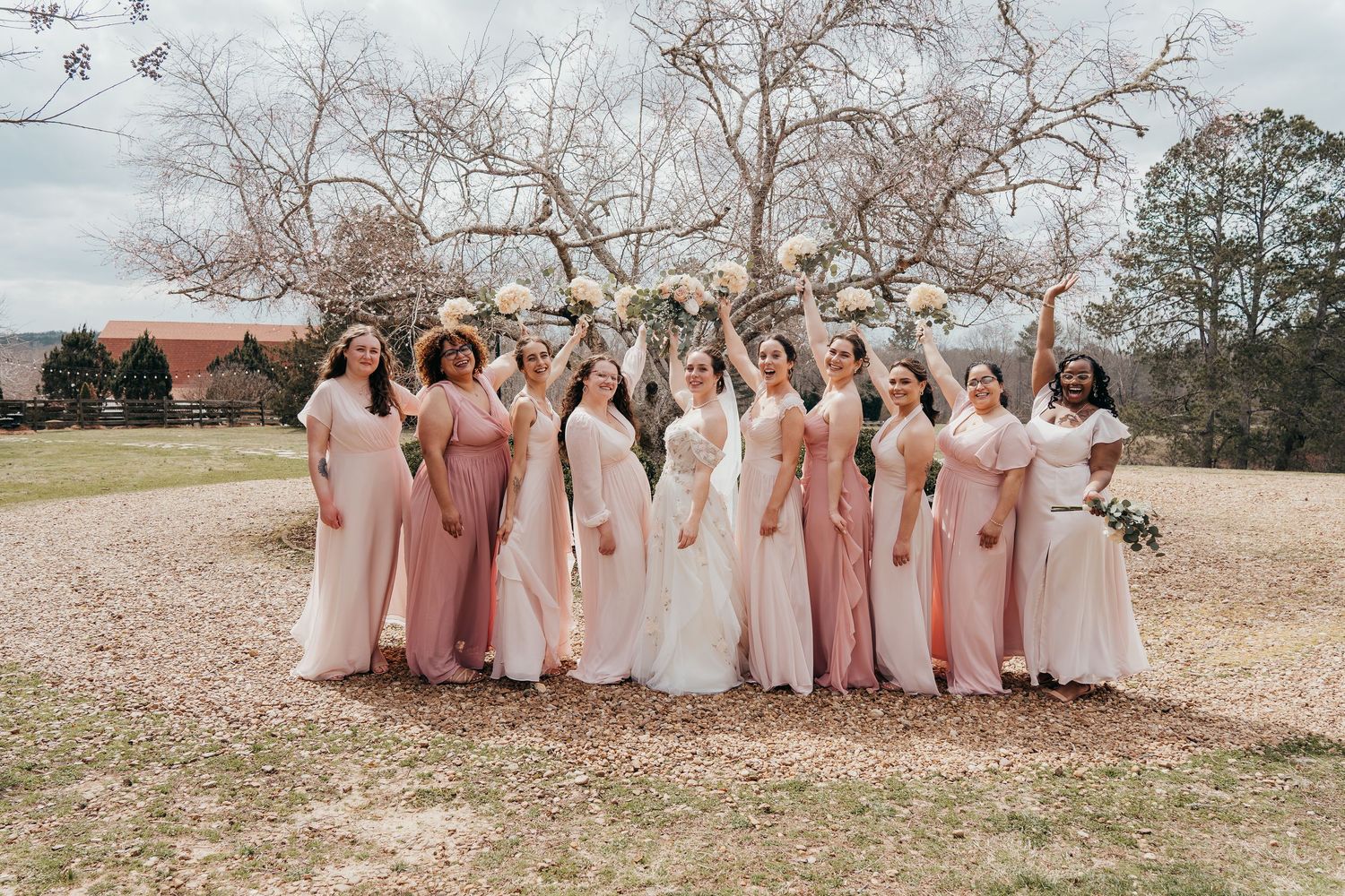 Wedding party wearing pink and blush dresses posed together under a tree in natural outdoor setting.