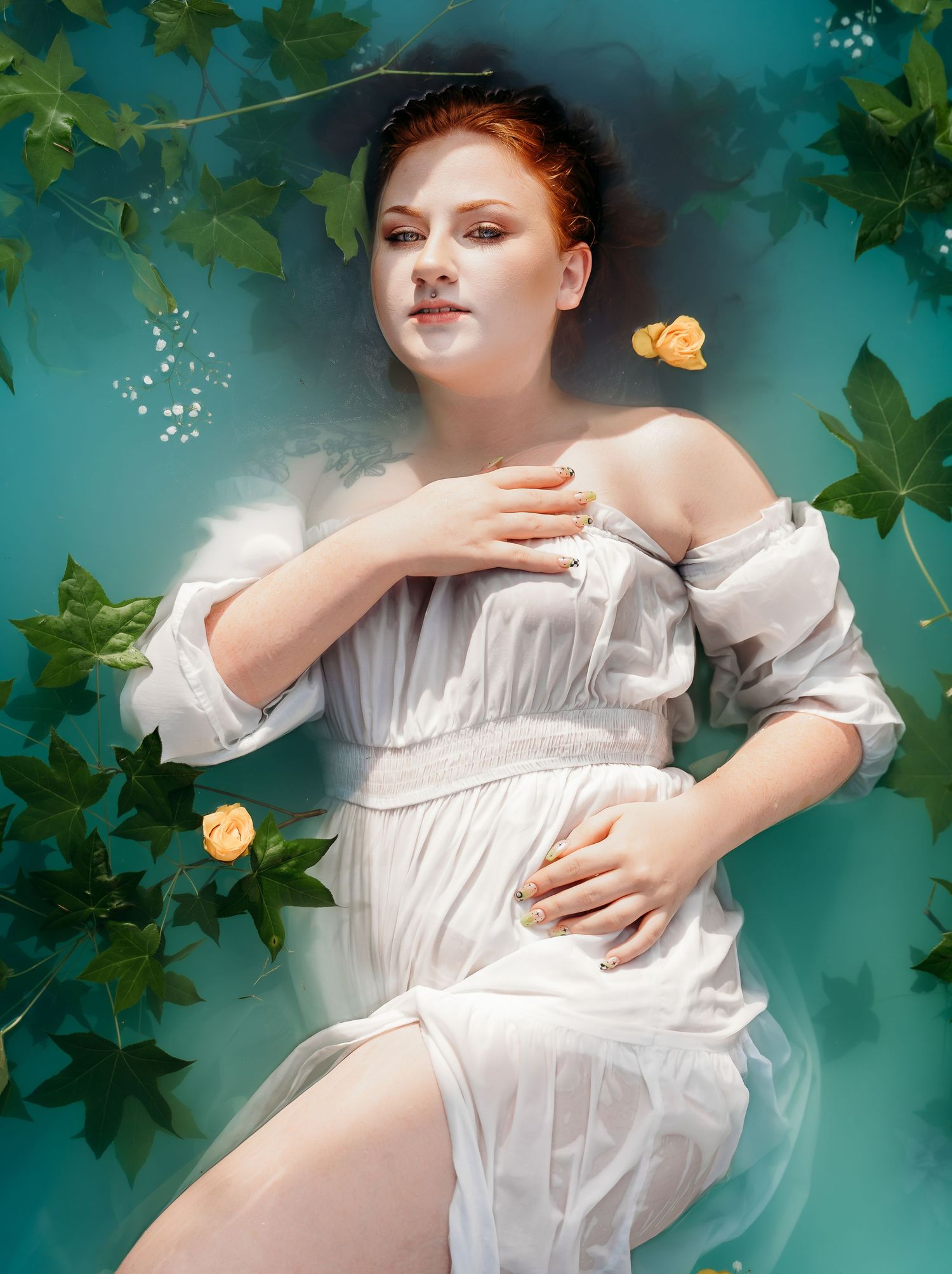 A dreamy portrait in a white dress surrounded by green ivy and yellow butterflies against a teal background.