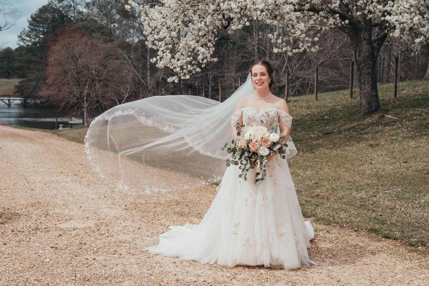 Windswept bridal portrait with flowing veil against blooming cherry trees in spring.