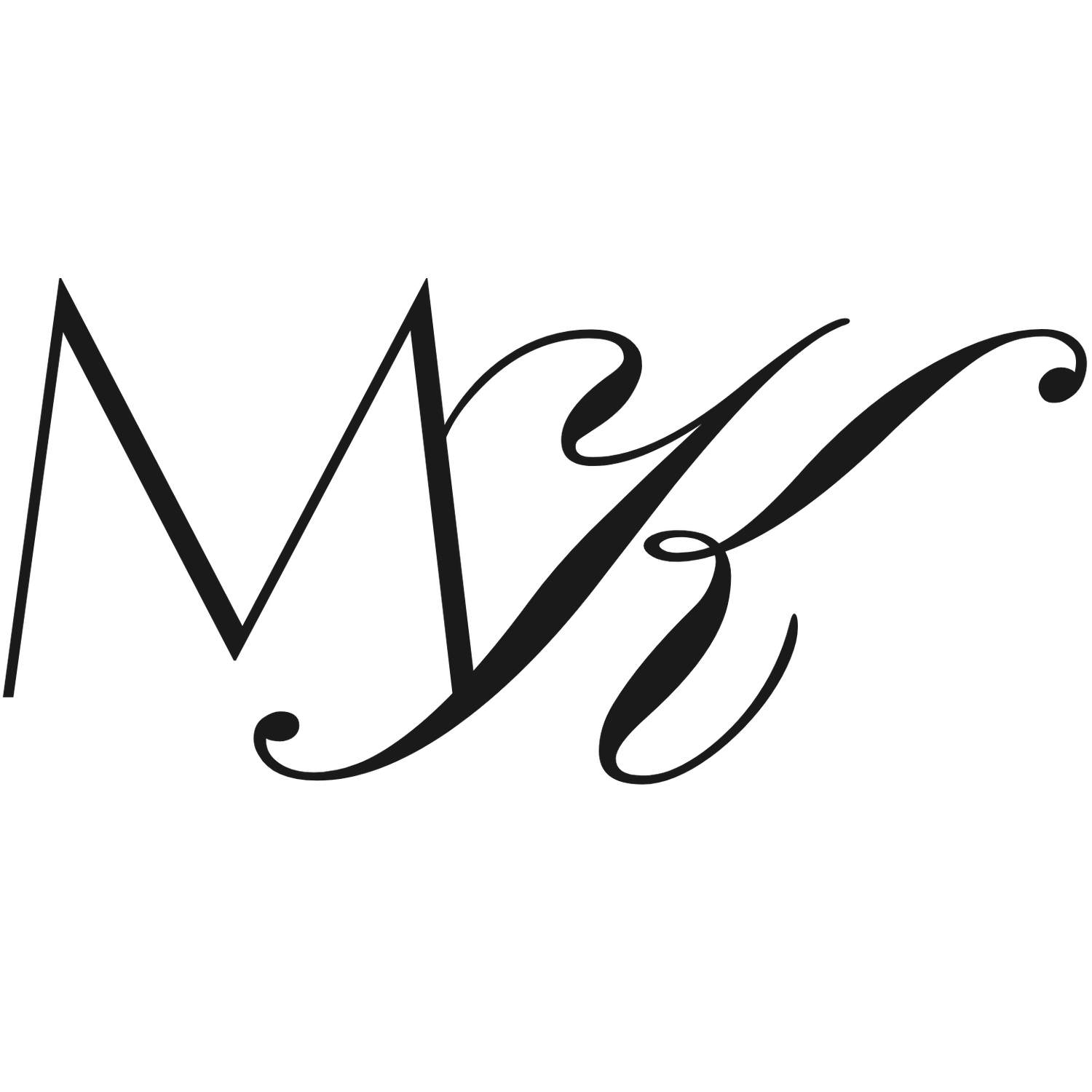 Elegant monogram design featuring stylized letters M and K in black cursive calligraphy with decorative swirls.