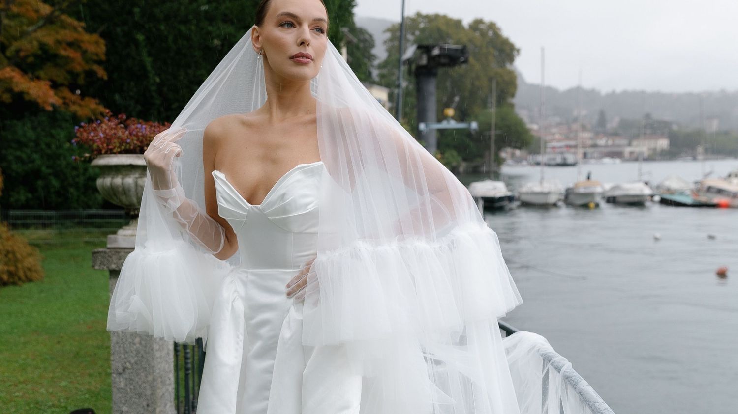 A series of wedding photos showing a bride in a white dress against outdoor waterfront and garden settings.