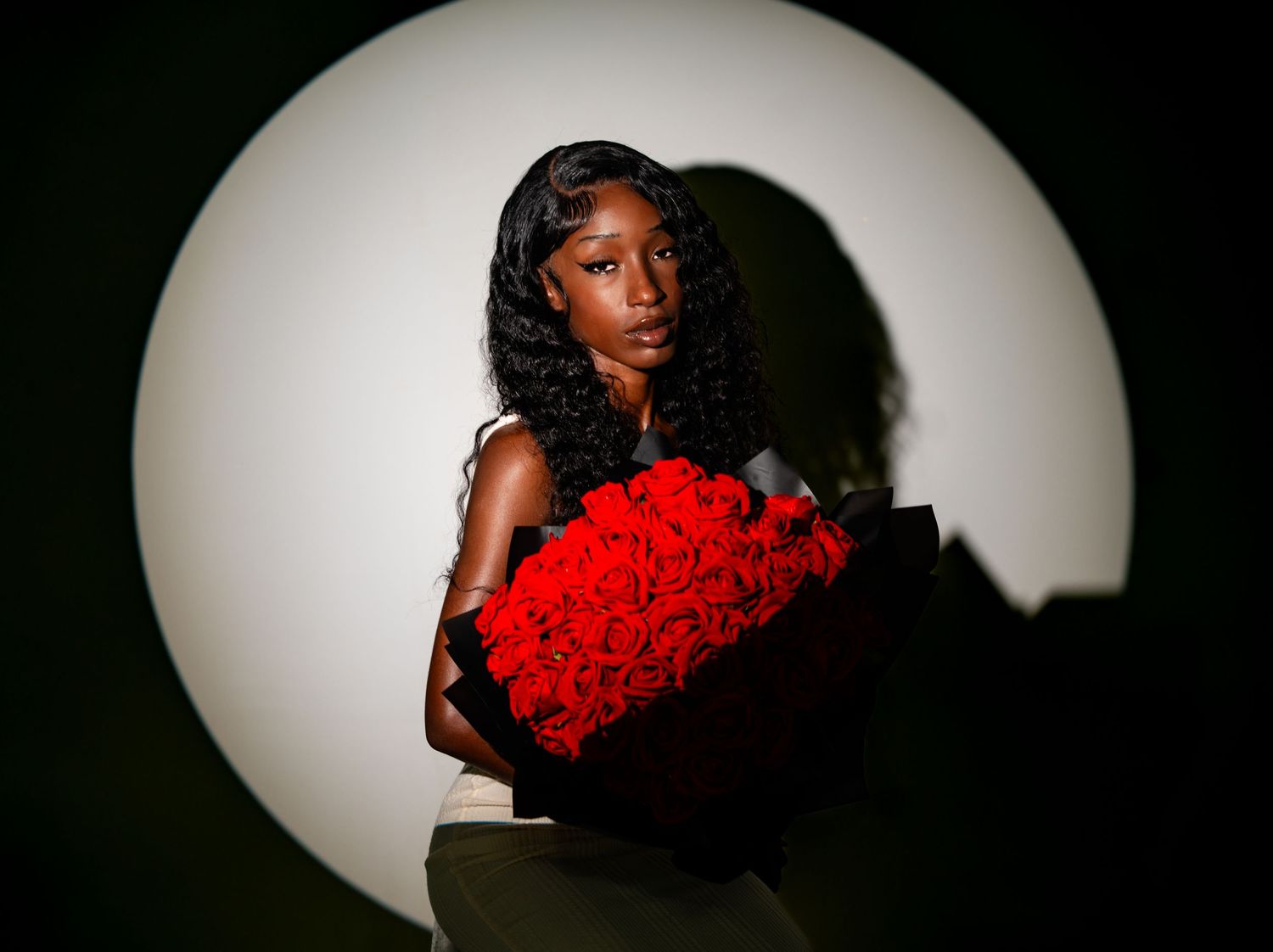 Artistic portrait series featuring red roses against a dramatic spotlight background. Powerrpackmedia Houston Texas