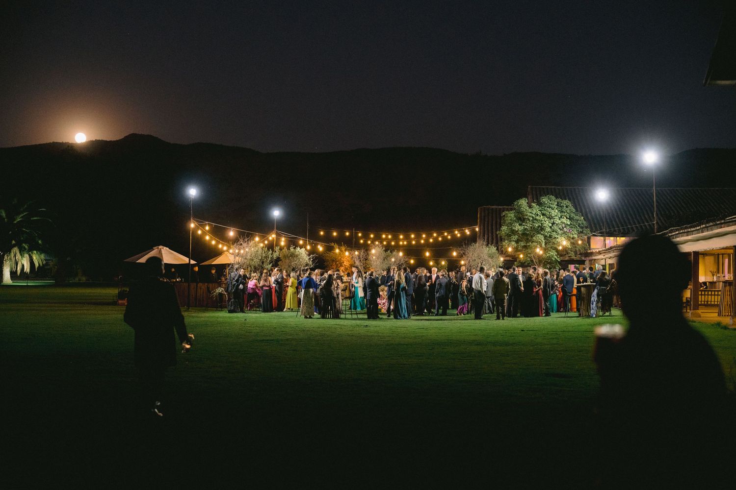 Evening outdoor reception with string lights creating a magical atmosphere under the night sky.