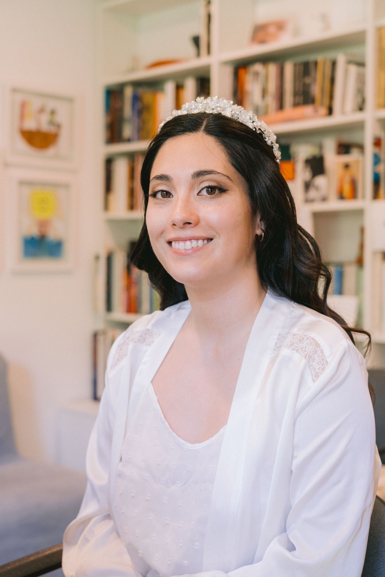 A sequence of bridal preparation photos showing someone wearing a white robe and delicate crown.