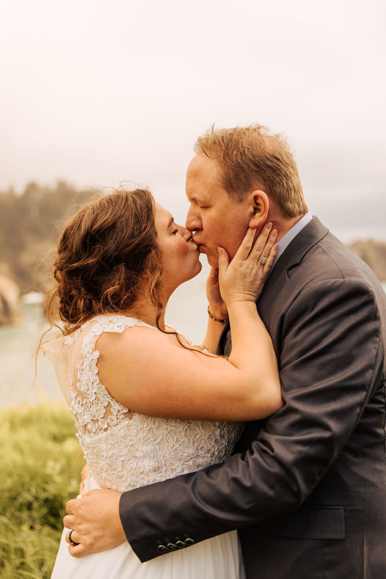An intimate wedding moment captured in a series of close-up shots on a cloudy day.