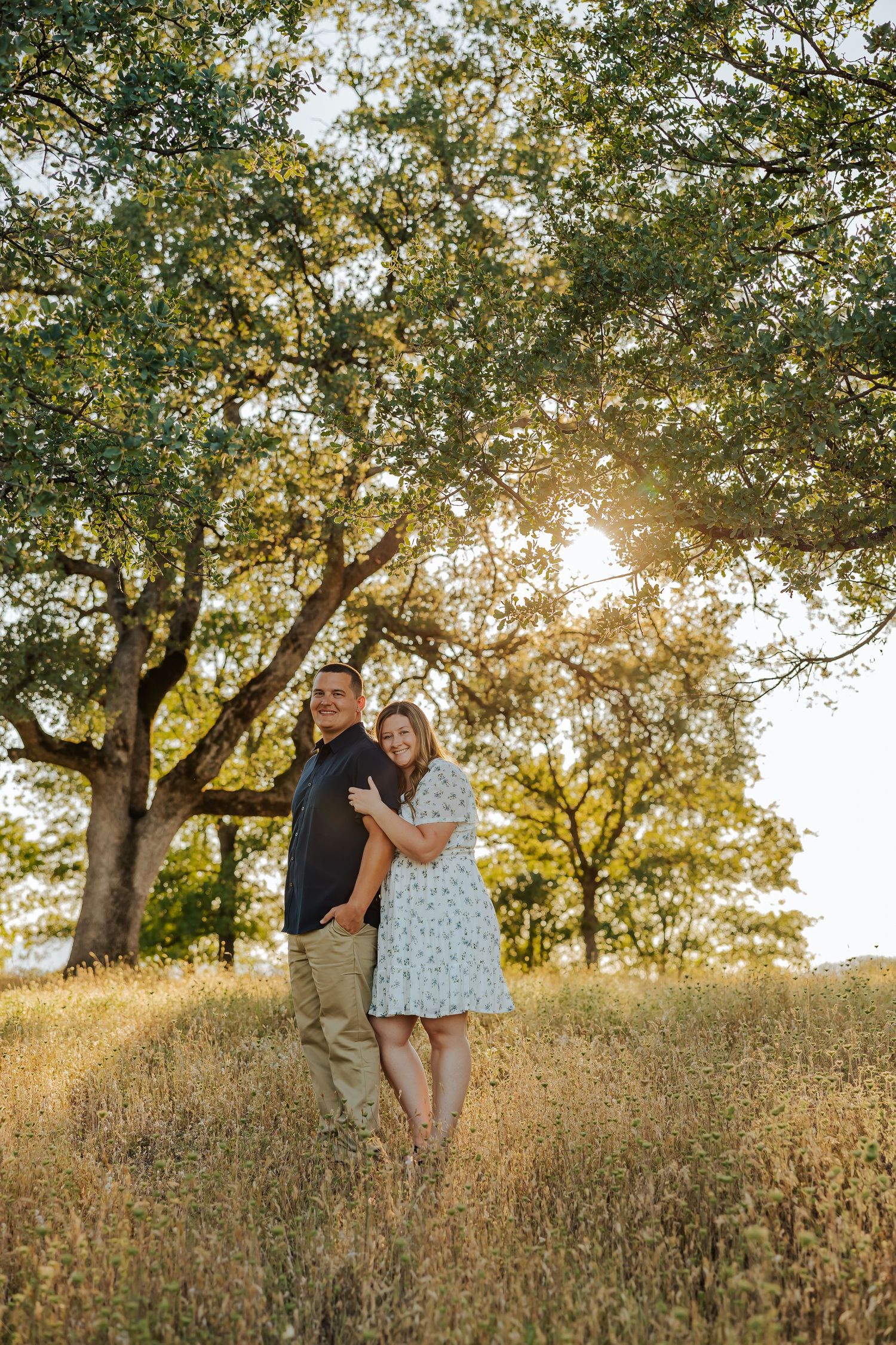 Couple embracing in golden grass field with sunlit oak trees in background.