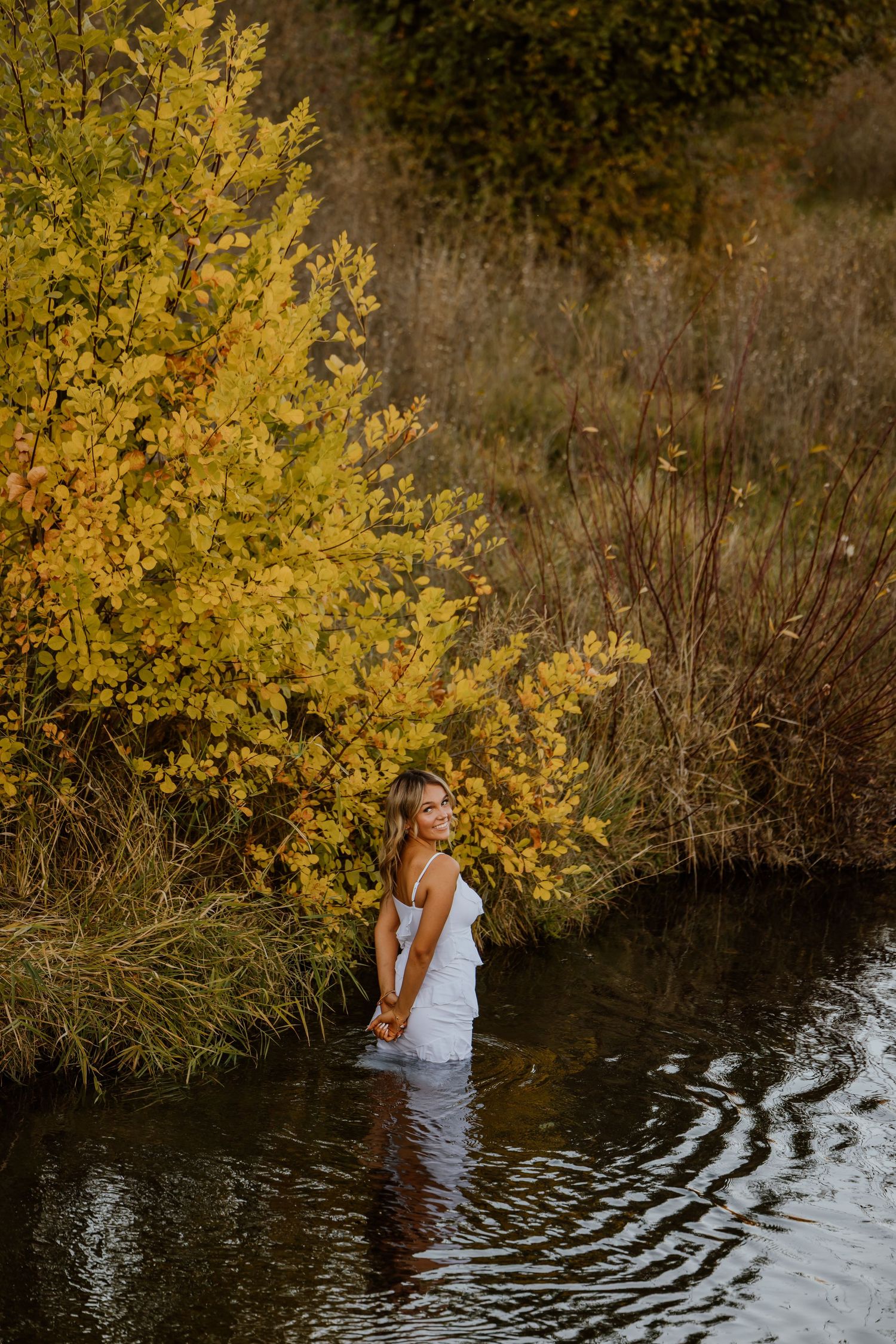 Artistic water photoshoot with yellow fall foliage reflecting in rippling pond water.