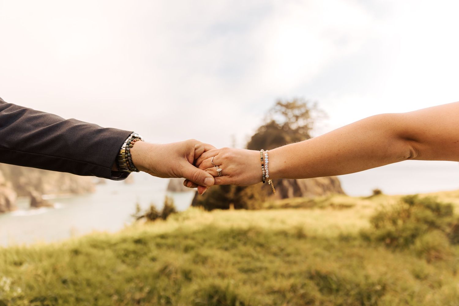 Couple's hands intertwined against a sunlit natural landscape showing wedding rings.