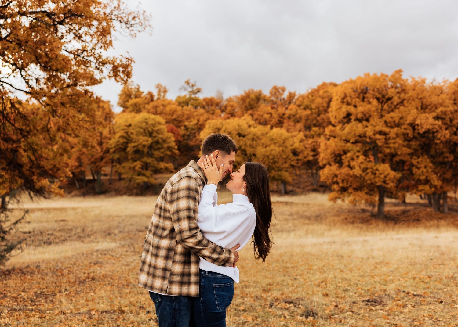 Romantic fall engagement photos with golden trees and cloudy skies.