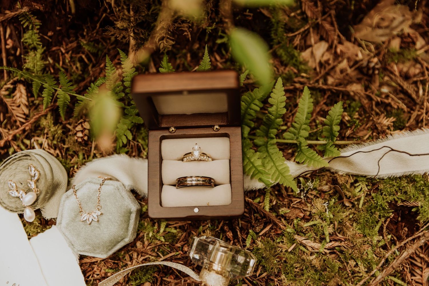 Wedding rings and invitation details artistically arranged on forest floor with ferns.