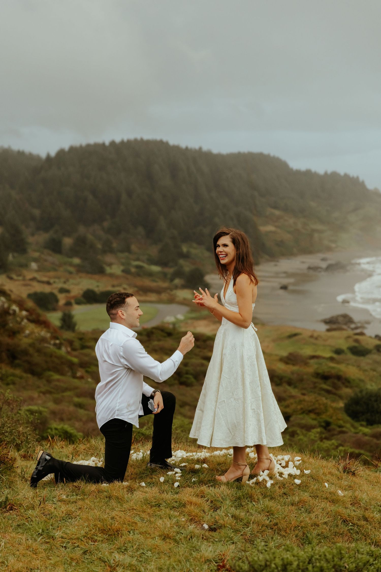 A surprise proposal moment captured on a scenic coastal bluff with ocean waves in the background.