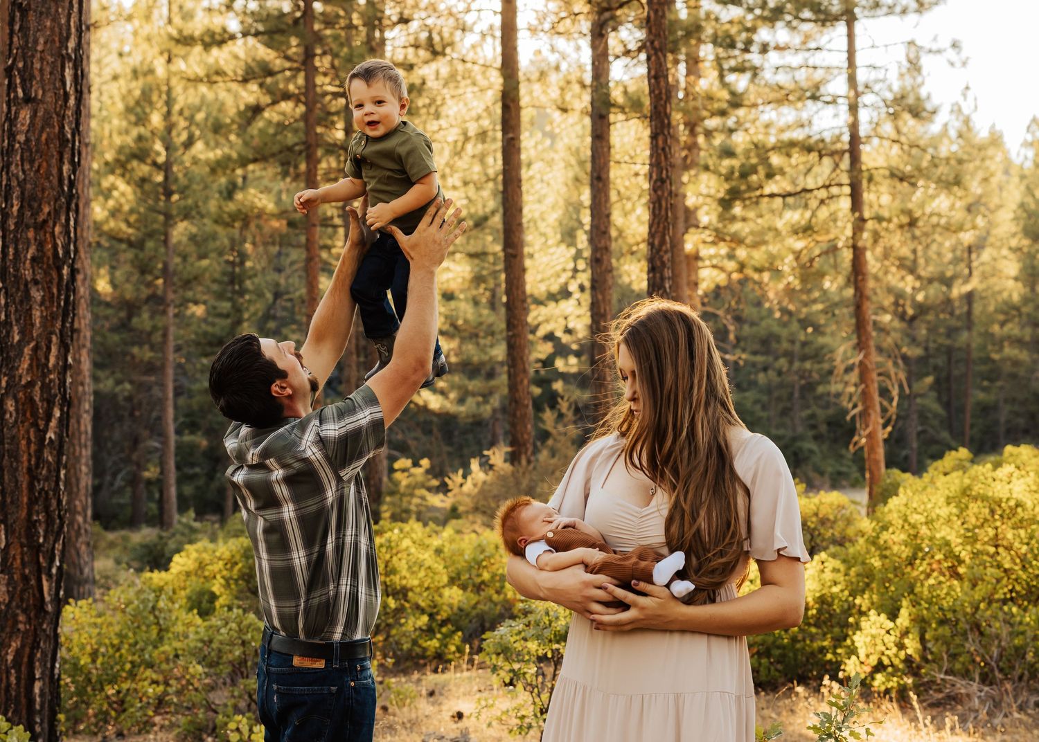 Sweet family interactions captured in series of photos during golden hour in forest.