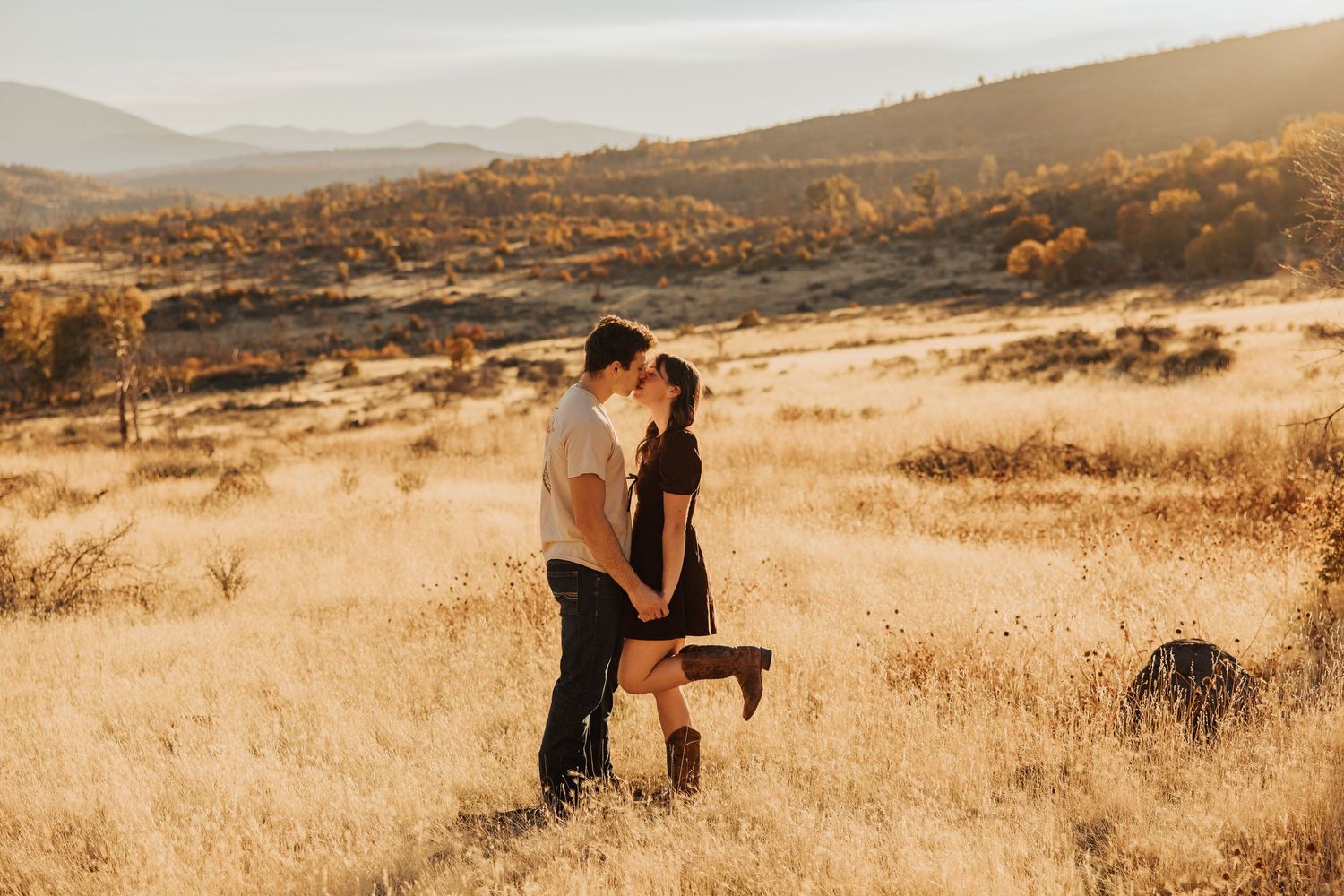 Two people embracing in a sun-drenched field with rolling hills behind them.