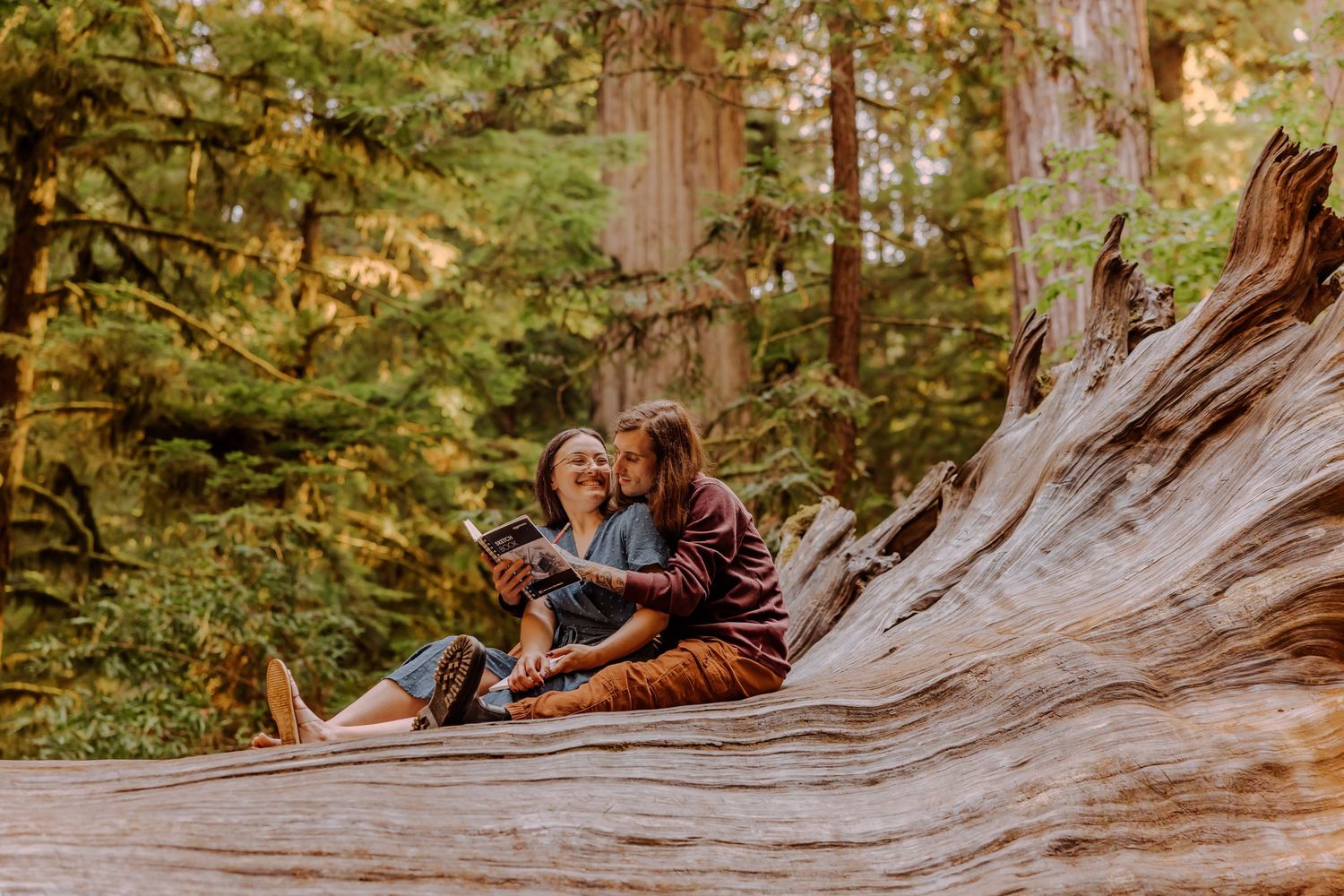 Intimate forest portraits taken on a weathered redwood log surrounded by nature.