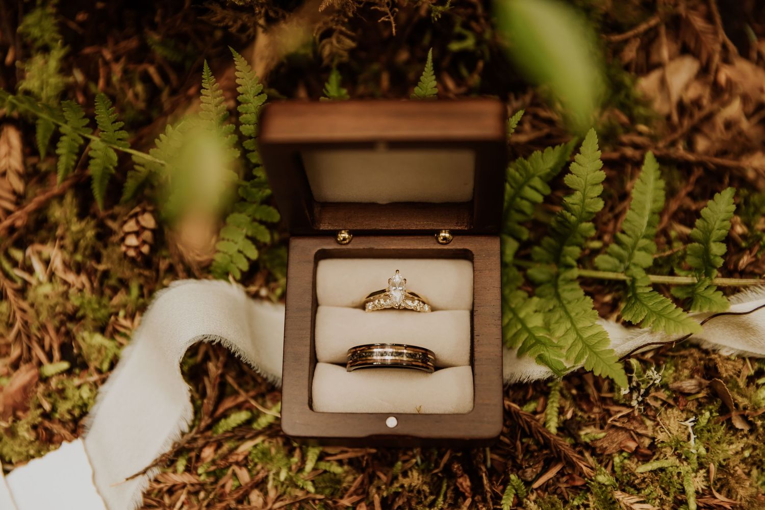 Elegant wedding details including rings and invitations styled on natural woodland setting.