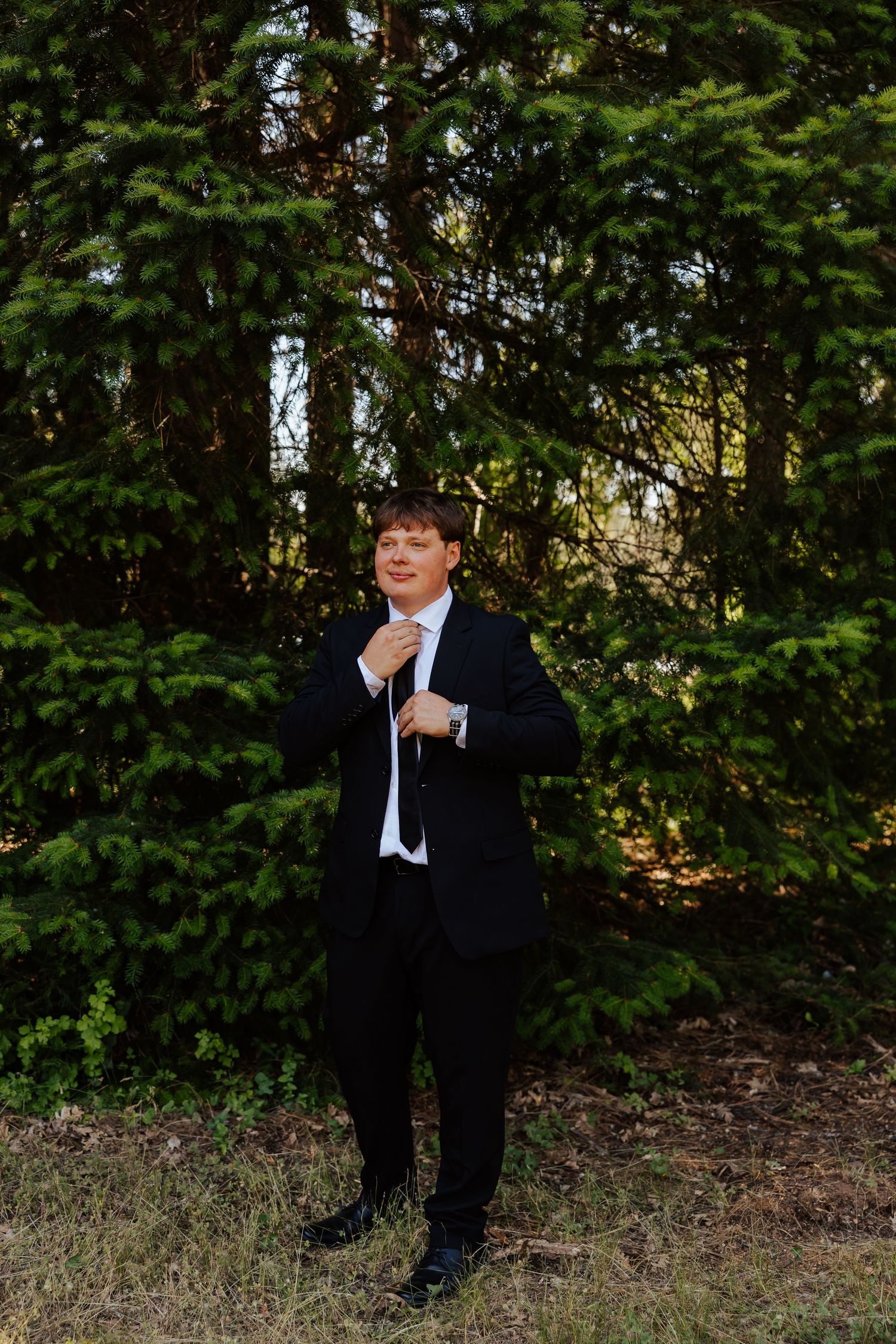 Groom in black suit adjusting white tie outdoors with lush green pine trees in background.