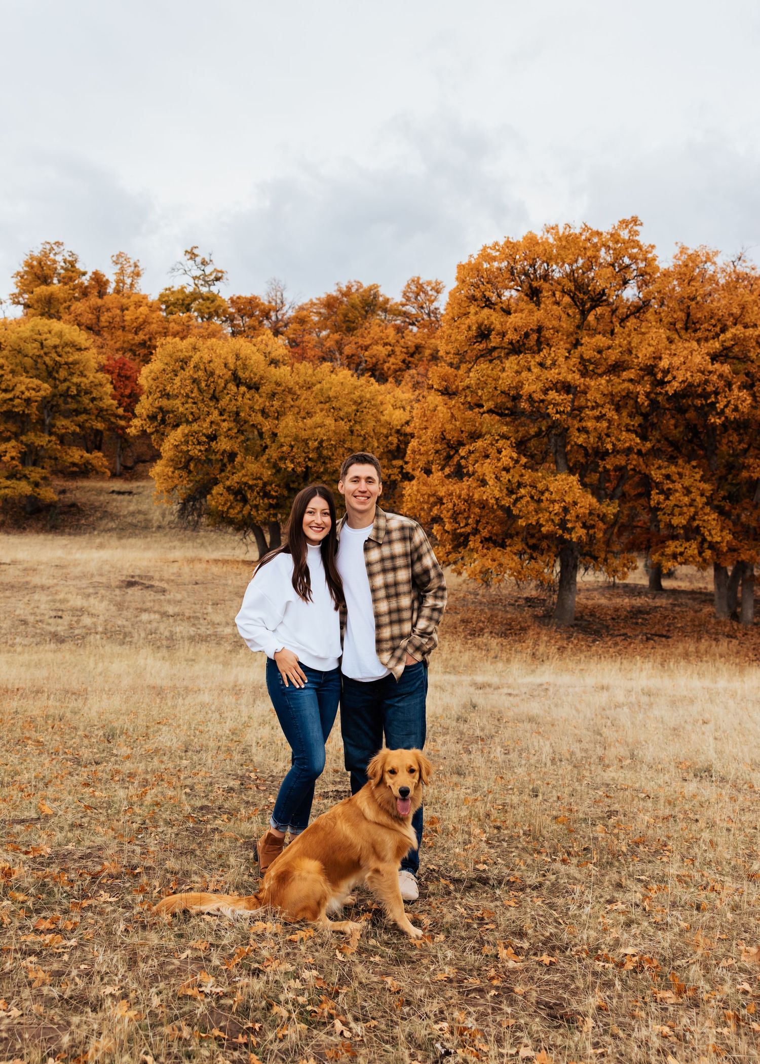 Couple with their golden retriever posing in a field with orange autumn trees.
