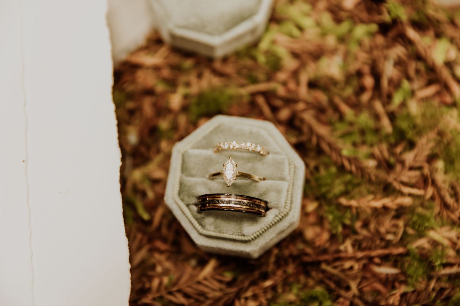 Wedding rings presented in elegant octagonal boxes on rustic woodland ground.