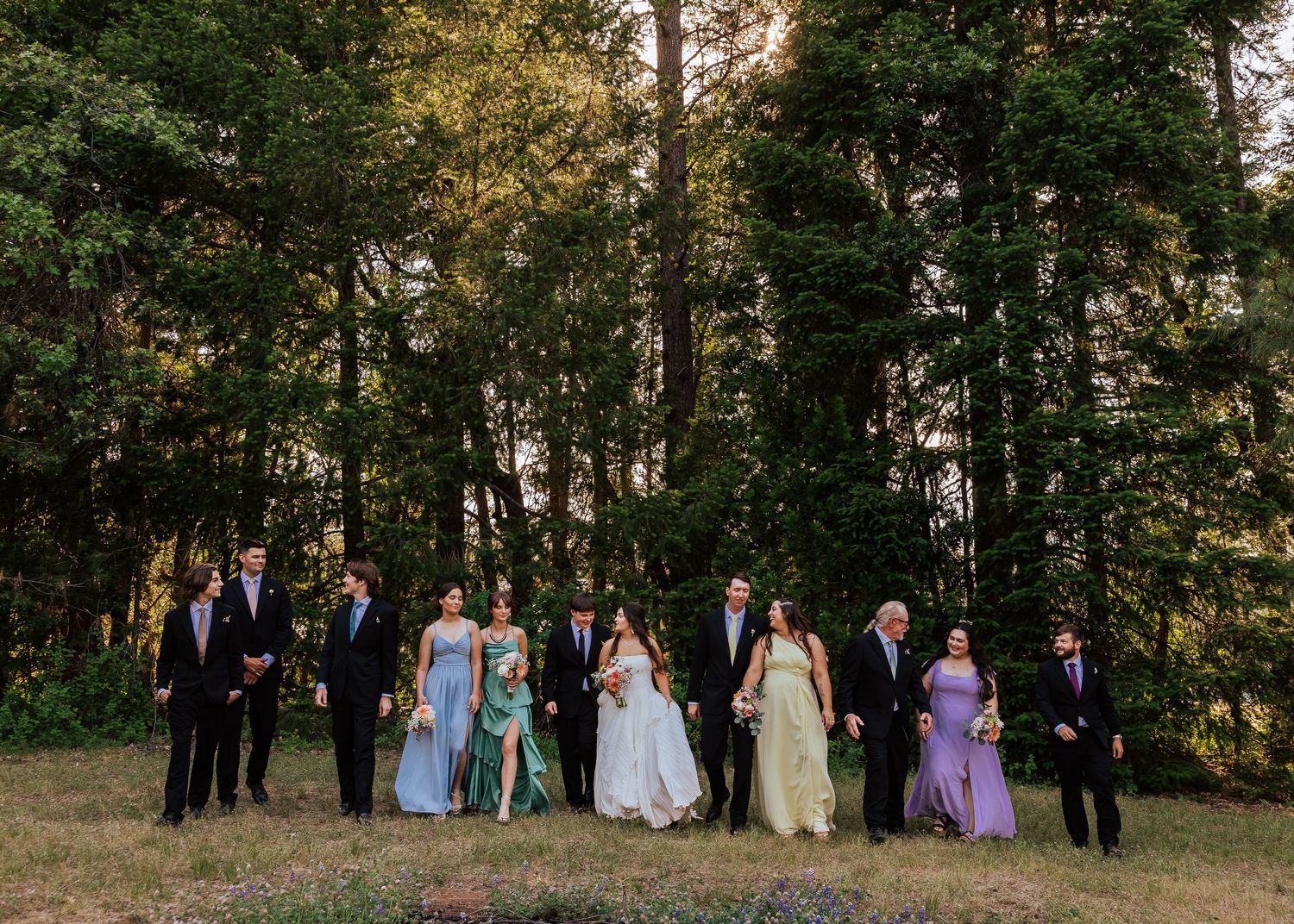 Wedding party poses outdoors in formal attire, bridesmaids in pastel gowns, groomsmen in suits, surrounded by tall trees.