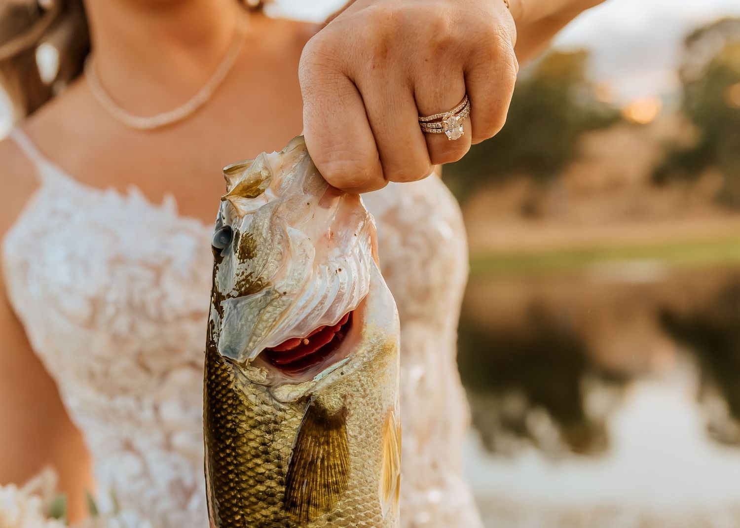 Close-up shots of bass fish being held during wedding photo session near water.
