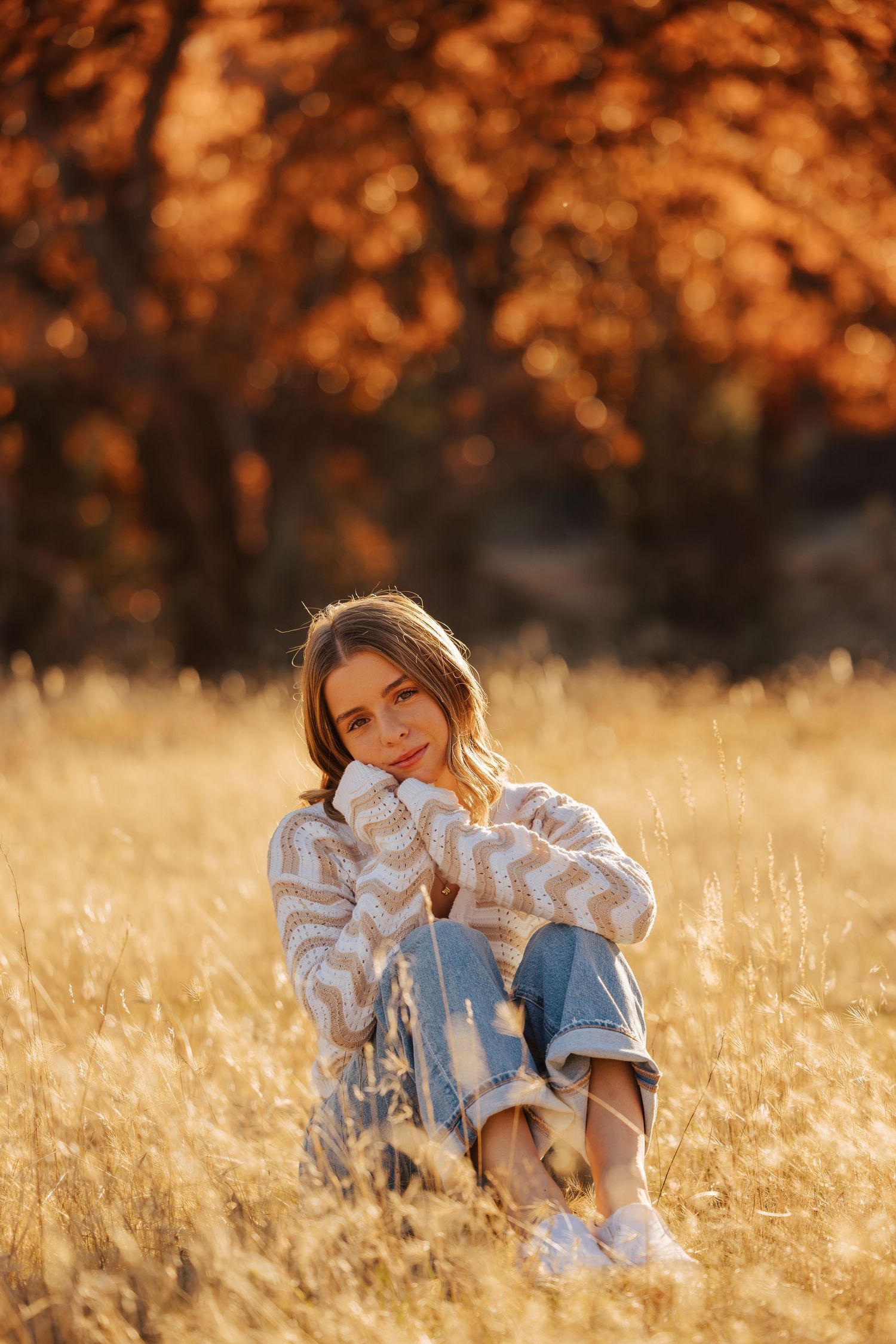 Autumn senior portrait session in a golden field with warm sunlight filtering through orange trees.