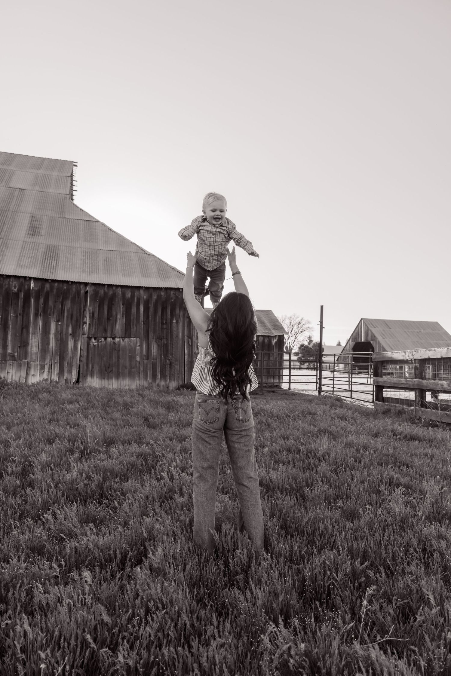 Black and white photos showing playful interactions near a rustic barn in grassy field.