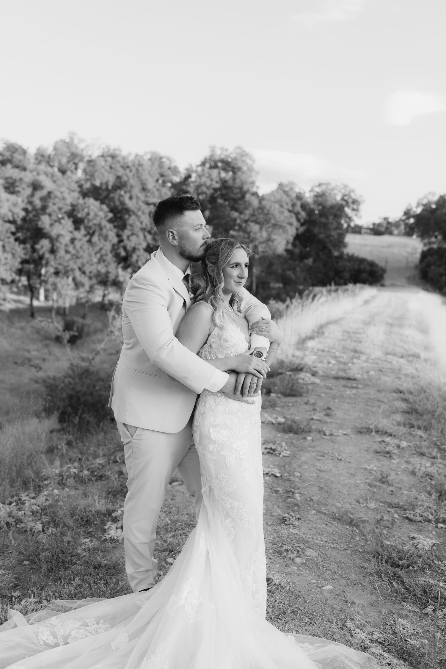 A series of intimate black and white wedding portraits in a natural outdoor setting.