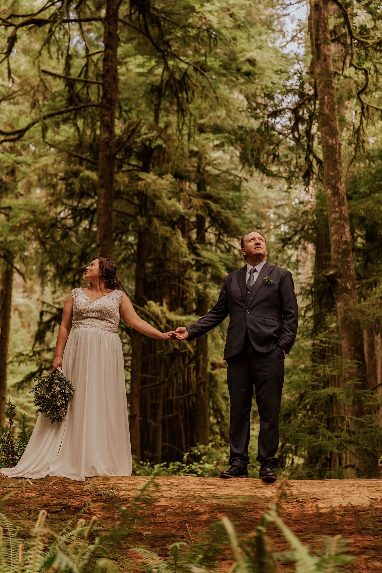 A wedding ceremony sequence captured on a natural forest path surrounded by towering redwoods.