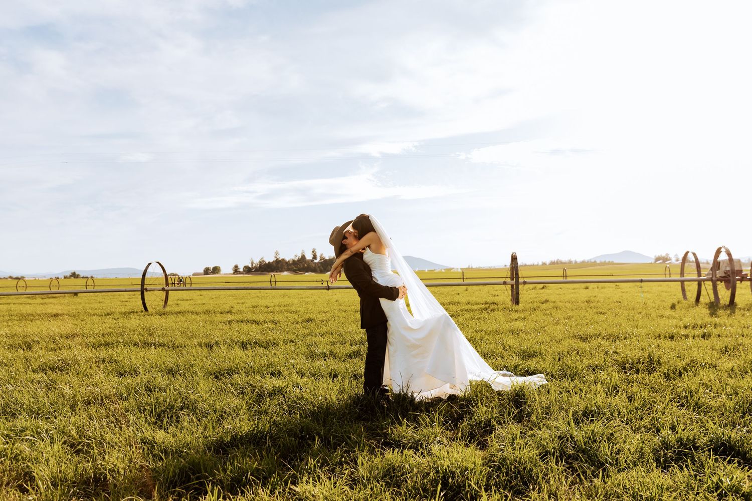 Wide landscape shot of couple in wedding attire standing in a golden wheat field.