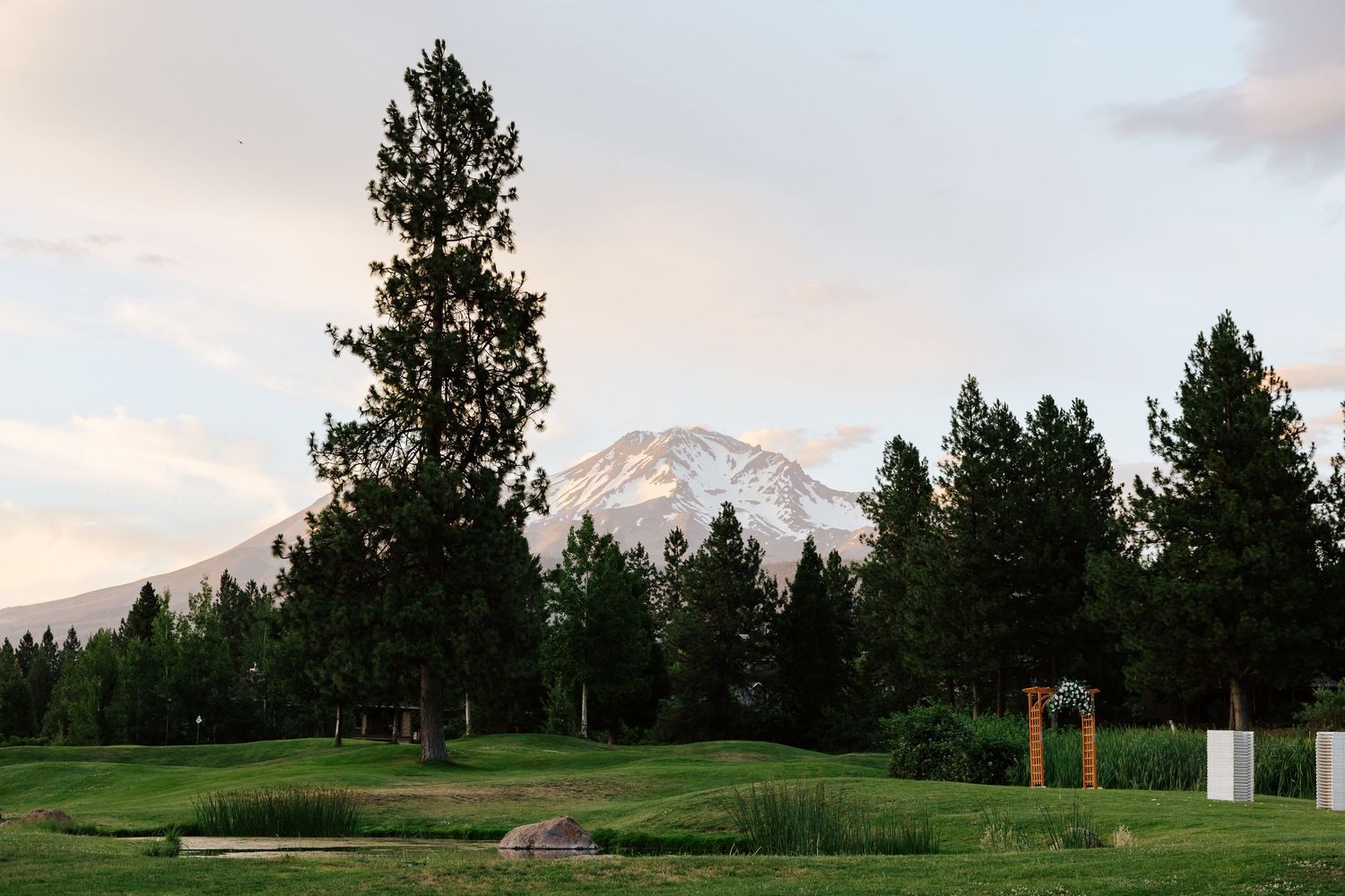Scenic golf course with tall pine trees and snow-capped Mount Shasta in the background at dusk.