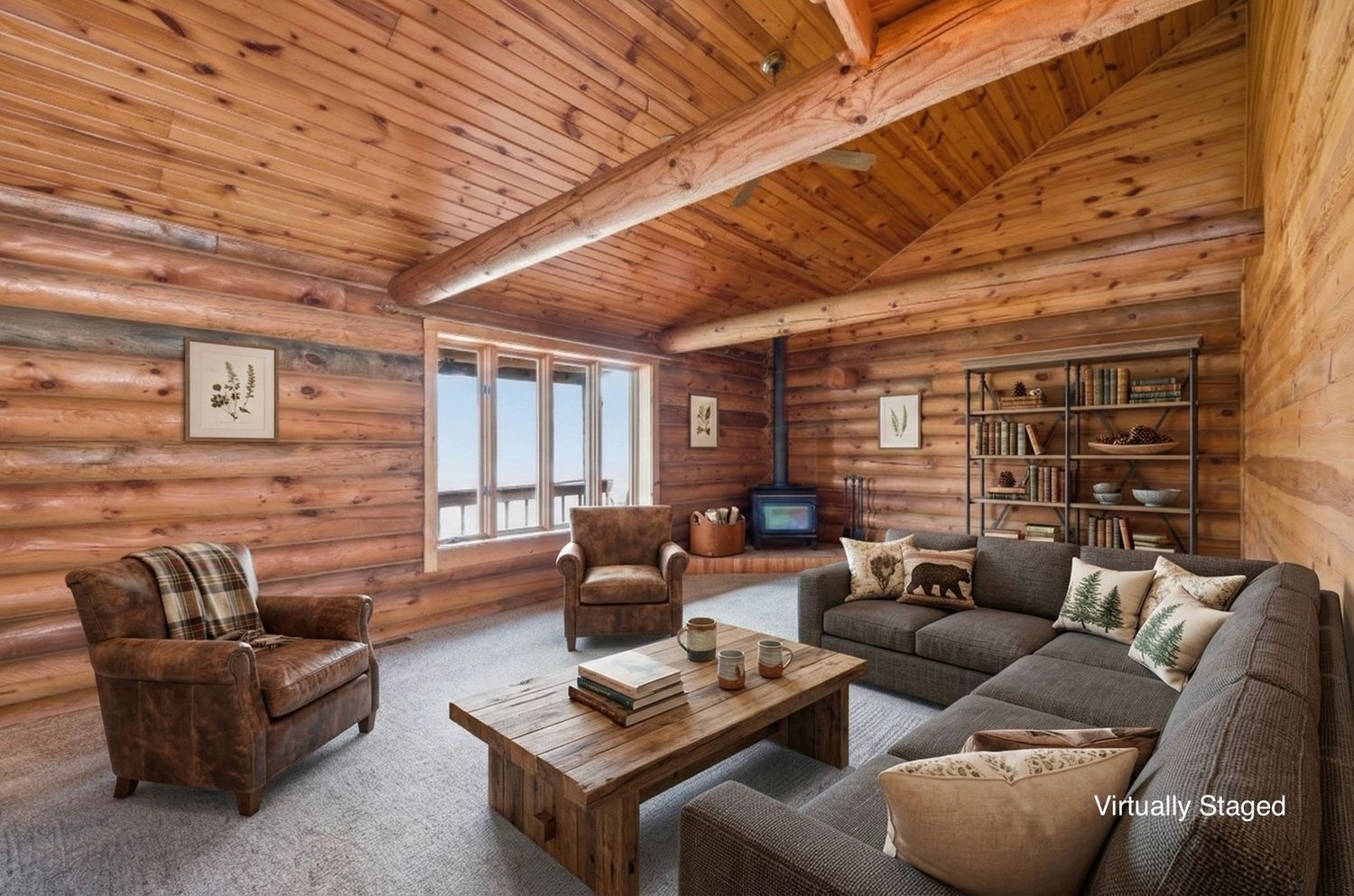 Cozy rustic cabin interior with wood paneled walls and ceiling, featuring a comfortable living space and natural lighting.