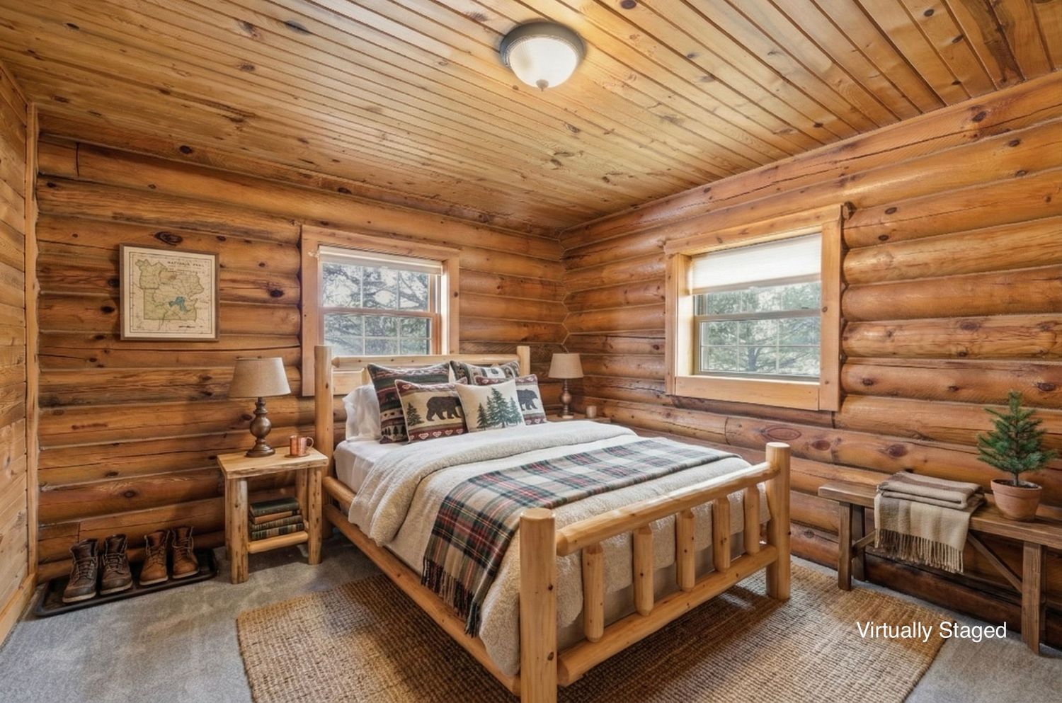 Panoramic view of a rustic log cabin interior with wooden walls, ceiling, and built-in bunk beds.