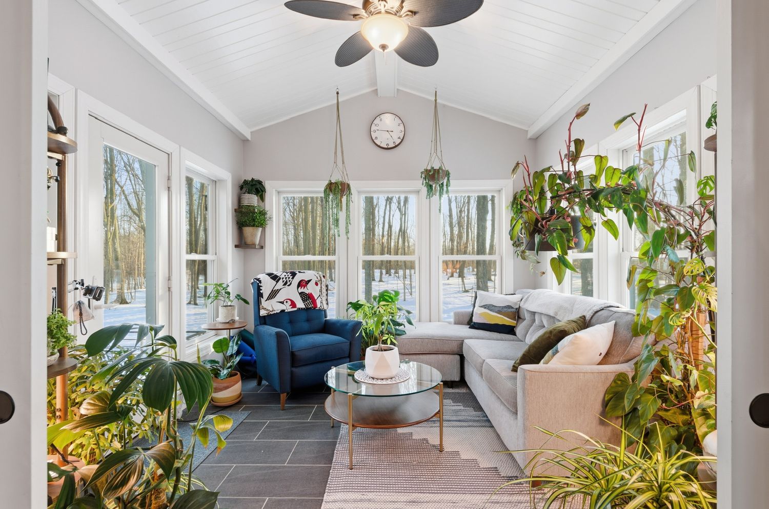 Bright sunroom with white walls features indoor plants, ceiling fan, and comfortable seating along the windows. Wisconsin Rapids WI