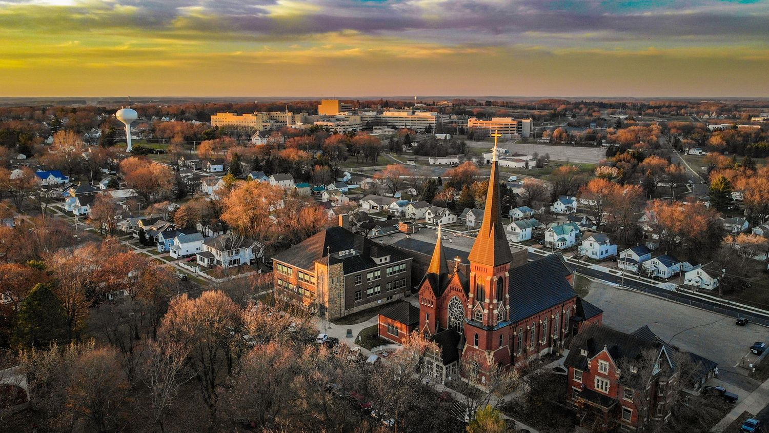 St Johns Church in Marshfield, Wisconsin at sunset